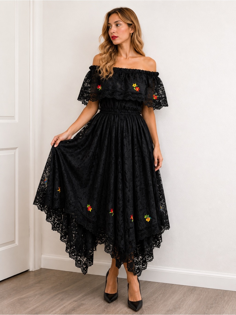 Vintage 70s Mexican Lace Embroidered Off Shoulder Floral Handkerchief Midi Dress